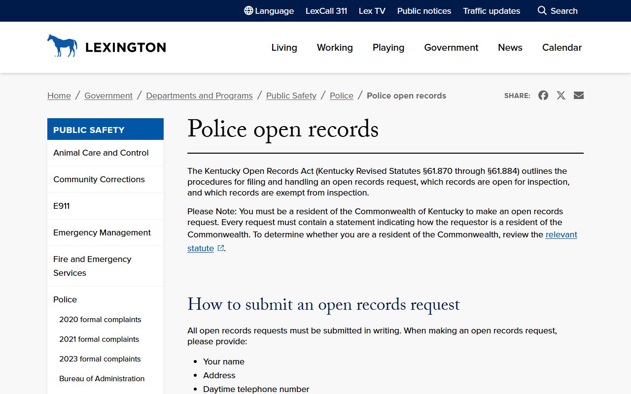 Lexington Police Department open records request page for obtaining police reports and incident records